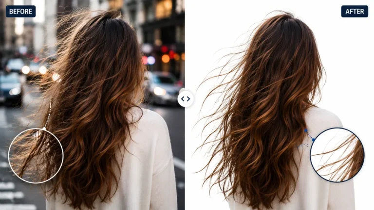 Professional hair masking before and after example demonstrating accurate hair strand extraction and clean background removal.