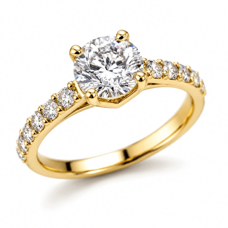 Professionally retouched jewelry product photo of a gold diamond ring on white background