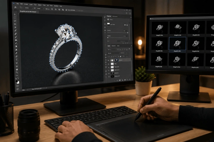 Professional photo retoucher editing a jewelry image in Photoshop using a graphics tablet