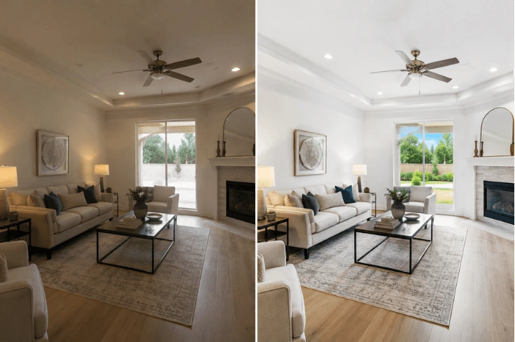 Before and after professional photo retouching of a real estate interior living room