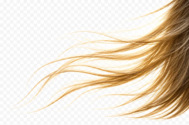 Isolated blonde hair strands with transparent background.
