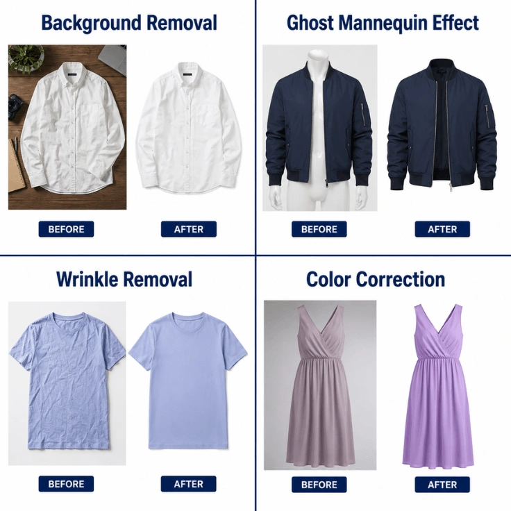 Types of apparel photo editing services including background removal, ghost mannequin effect, wrinkle removal, and color correction