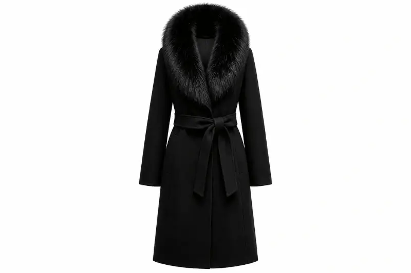 Black fur collar winter coat isolated on white background