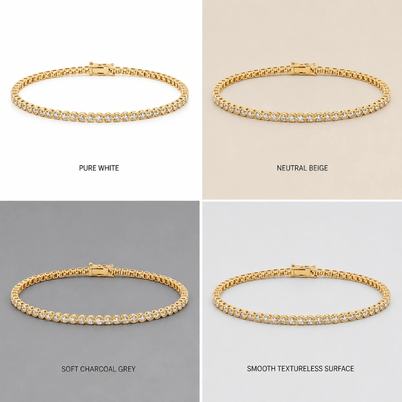 Four examples of clean jewelry background styles including white, neutral, and shadow-free backdrops