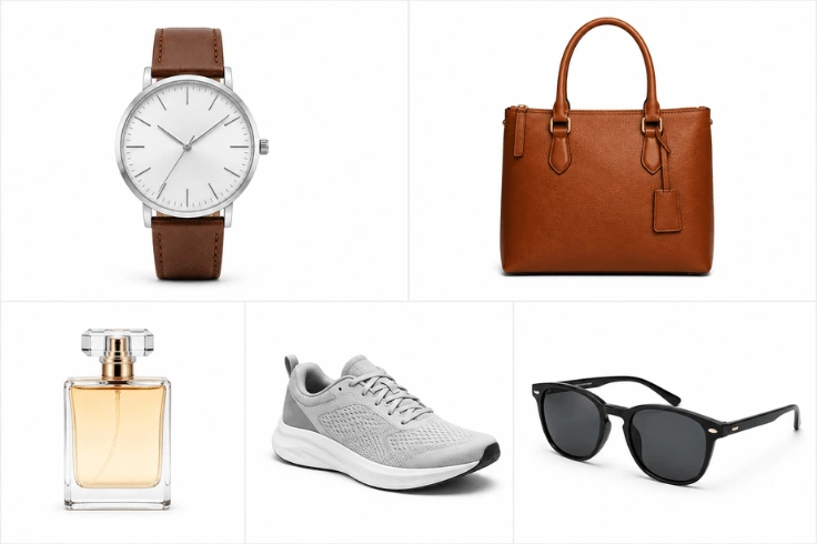 Consistent product catalog images with matching clean backgrounds across multiple items