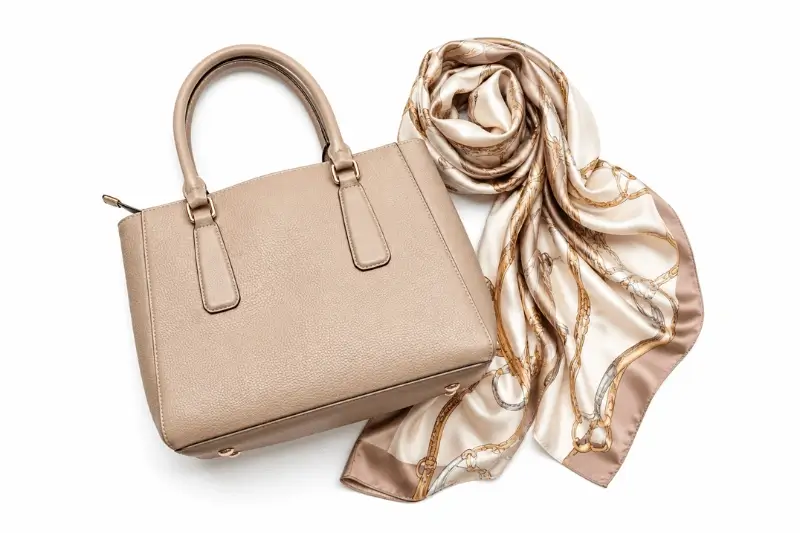 Luxury handbag and silk scarf flat lay