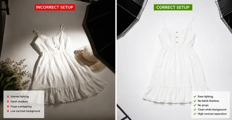Correct and incorrect fashion product photography setup