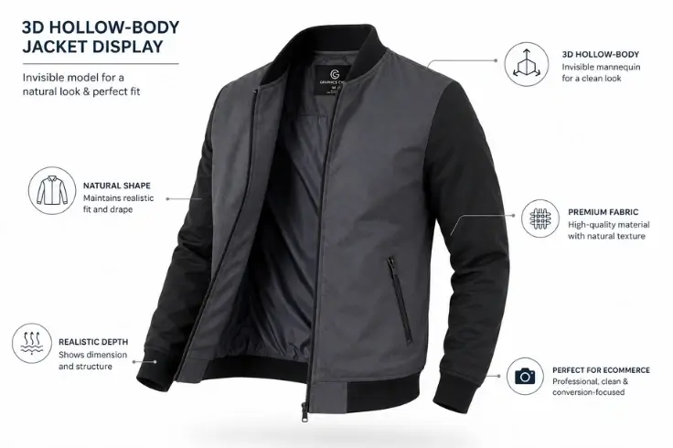 Floating jacket with a realistic 3D shape on white background