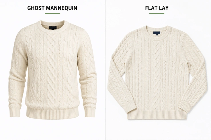 Ghost mannequin versus flat lay photography comparison