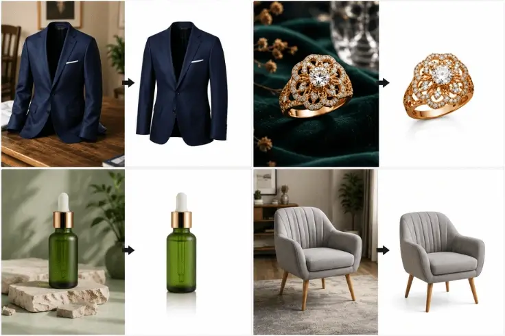 Fashion, jewelry, beauty, and furniture product images improved with professional image masking