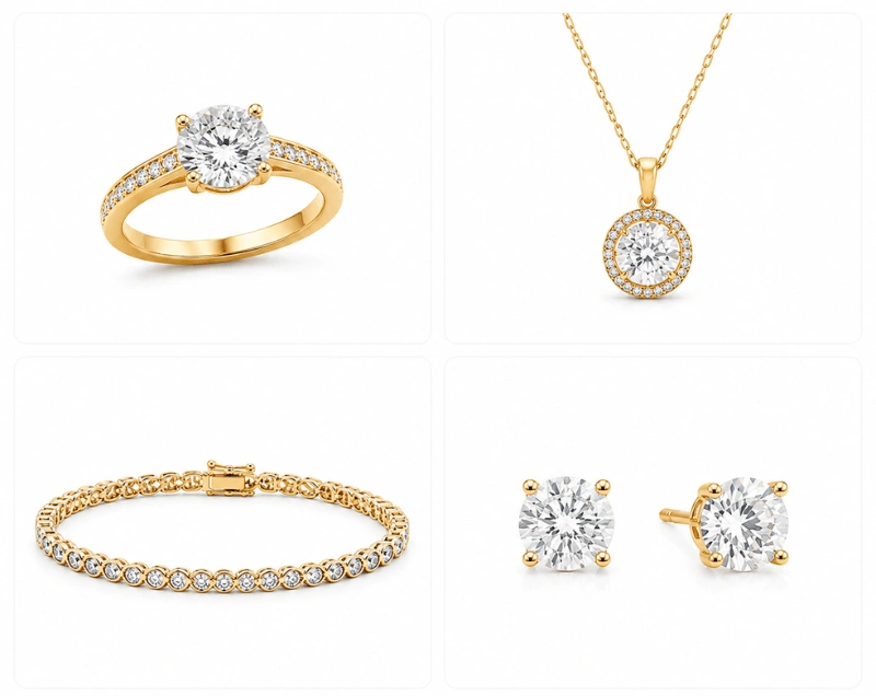 Jewelry product listing grid with clean white background images for ecommerce store