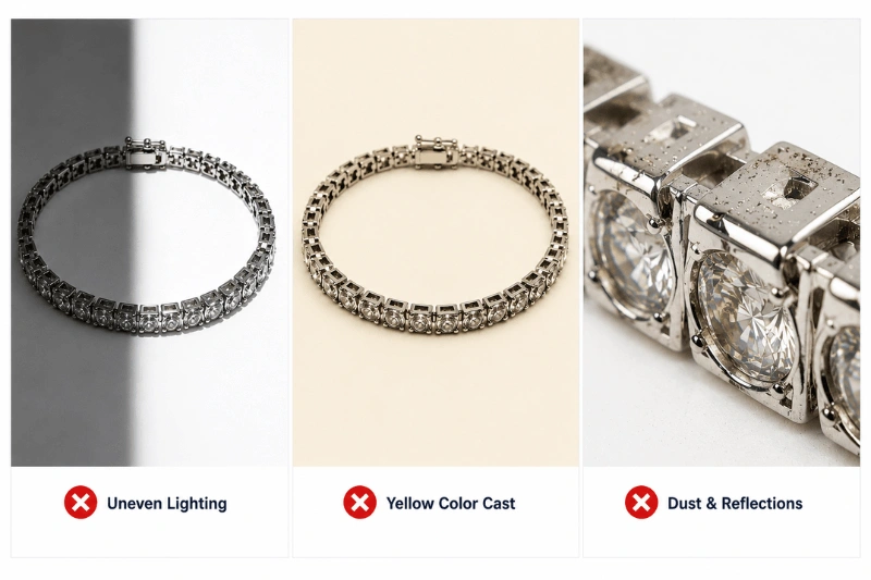Common jewelry photography background mistakes including uneven lighting and color cast