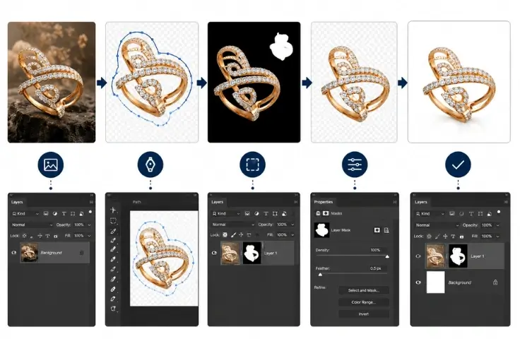 Step-by-step manual image masking workflow in Photoshop for product photos