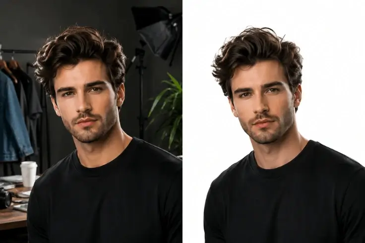 Before and after professional hair image masking with clean background removal