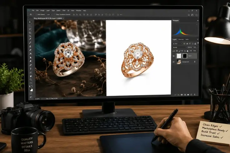 Professional Photoshop workspace editing jewelry product images with image masking