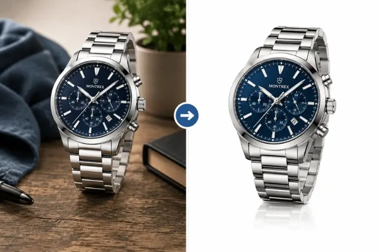 Before and after product image masking showing improved presentation for e-commerce