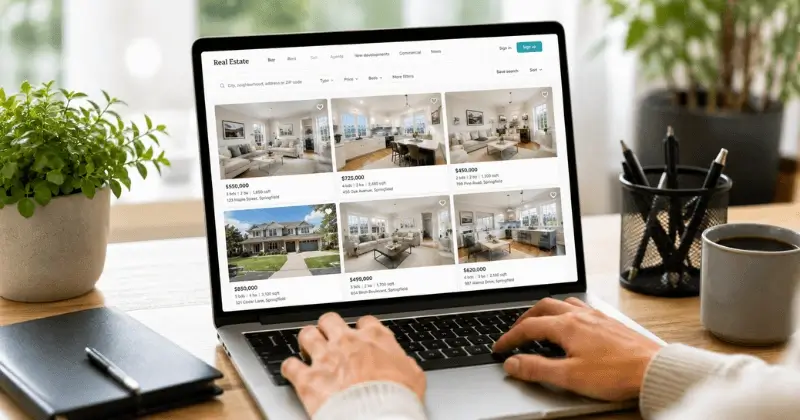 buyer browsing property listing photos on laptop screen