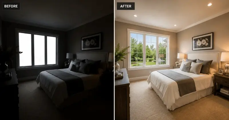 real estate interior photo lighting issues before and after correction