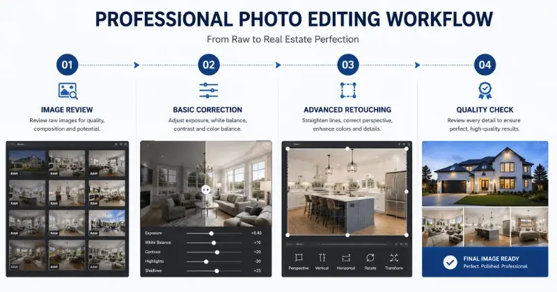 real estate photo retouching workflow four step process infographic