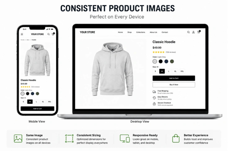Clothing photo displayed on desktop and mobile screens