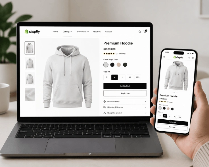 Shopify product page with ghost mannequin image