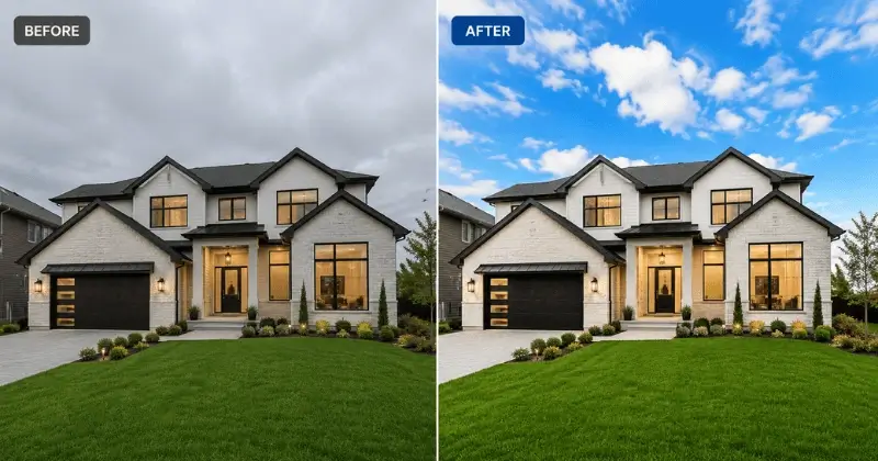 sky replacement real estate exterior before and after grey sky to blue sky