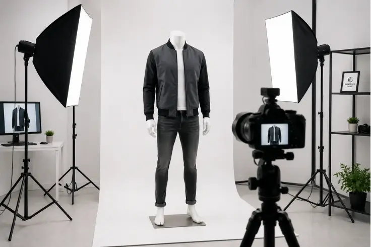Studio photography setup for ghost mannequin editing