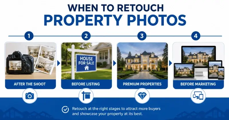when to retouch real estate photos four stage timeline infographic