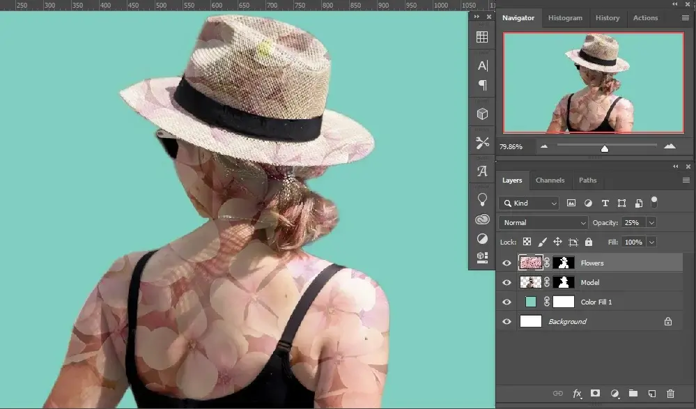 decrease the opacity to 25% for the flowers layer, double exposure effects in photoshop